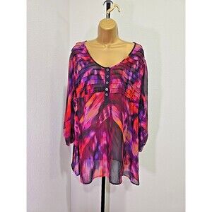 Boho Fairy Artsy Flowy Sheer Colorful Roomy Purple Pink Popover Blouse Womens 3X